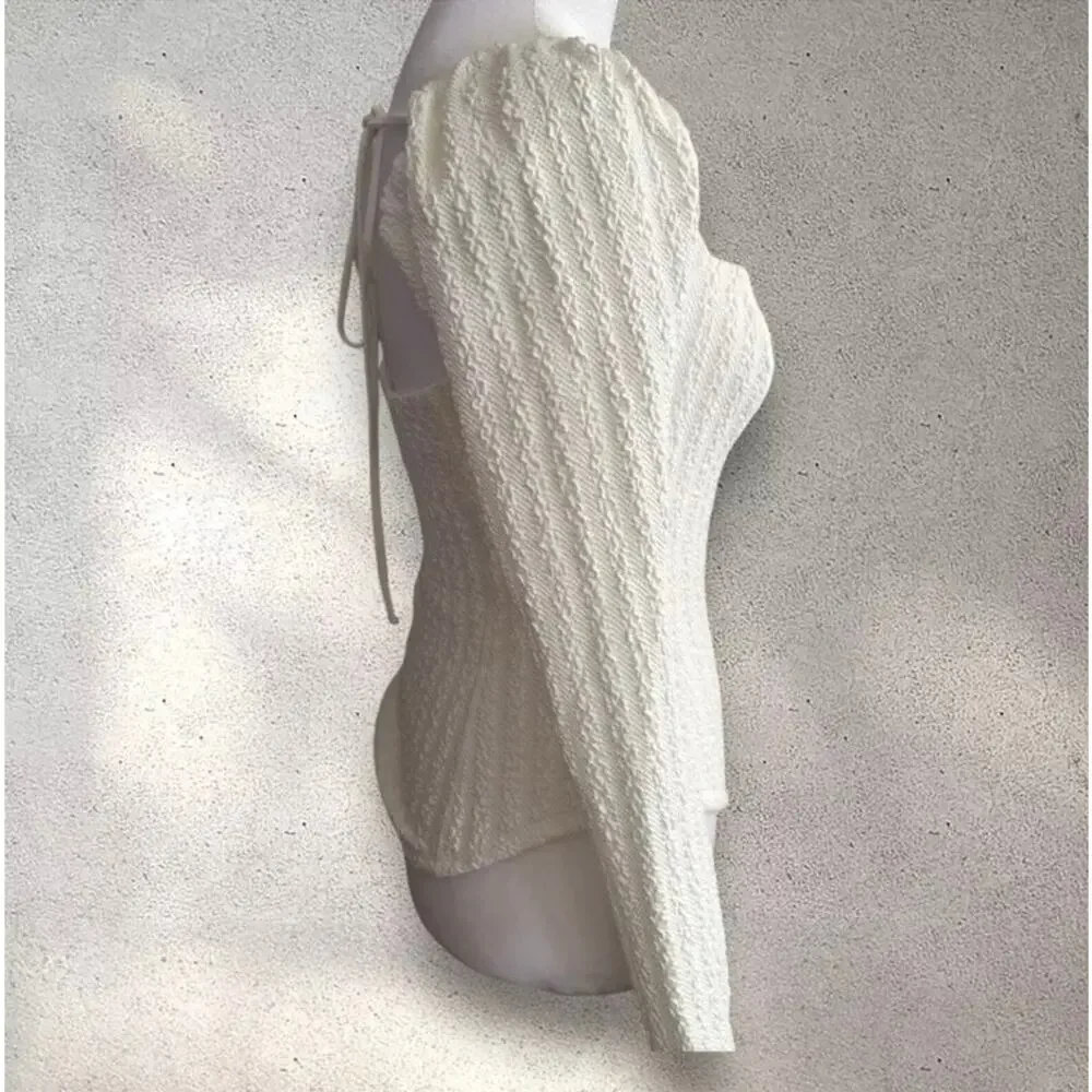 NWT FREE PEOPLE Brittany White Ribbed Puff Sleeve Top Large White Boho